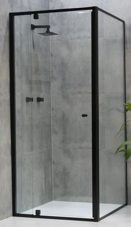 Semi-frameless shower screen reeded glass black hardware